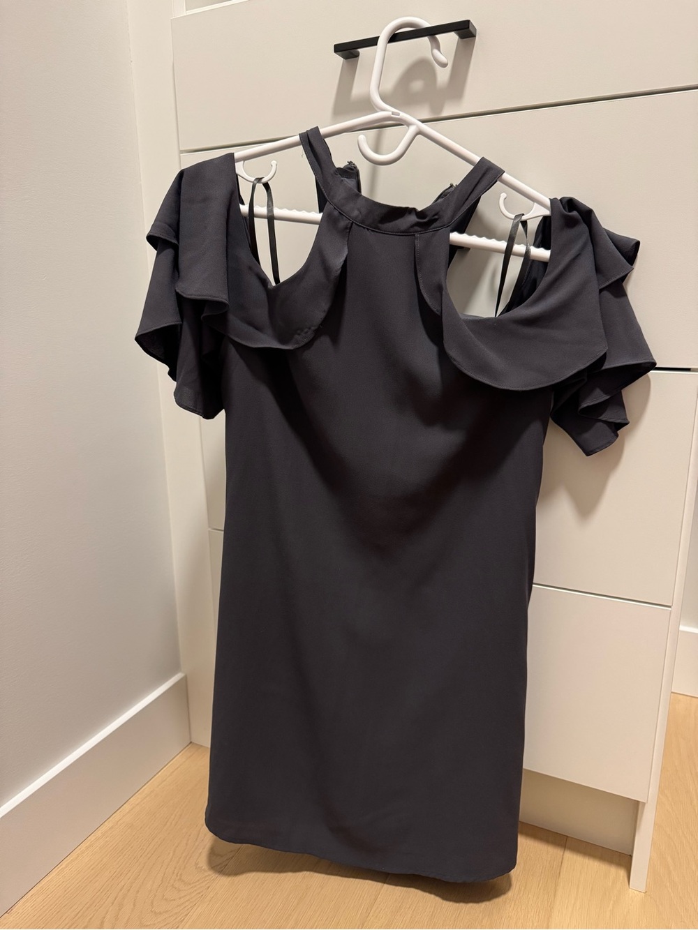 Naked Zebra Charcoal Off Shoulder Ruffle Dress